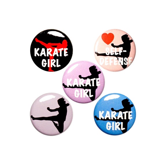 Karate Girl Pin for Backpack, I Love Karate Self Defense Buttons or Fridge Magnets, Lapel Pins, 5 Pack, Tough Girl Lady Gift Set,  1" #P58-2