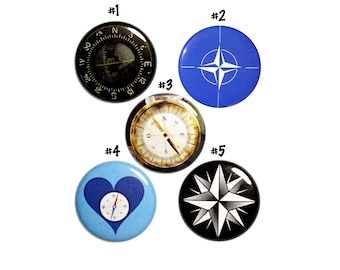 Cute Compass Pins Buttons or Fridge Magnets, Backpack Pins for Summer Travel, 5 Pack, Pin Button or Magnet, Backpacking Gift Set 1" #P65-1