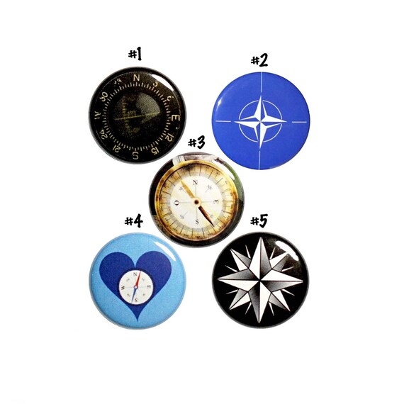 Cute Compass Pins Buttons or Fridge Magnets, Backpack Pins for Summer Travel, 5 Pack, Pin Button or Magnet, Backpacking Gift Set 1" #P65-1