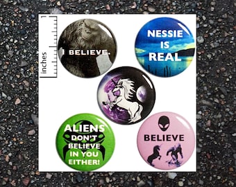 Creature Buttons or Fridge Magnets, Alien Pin, Bigfoot Button, Unicorn Pins, Nessie Button, Backpack Pins, Funny 1 Inch P30-2