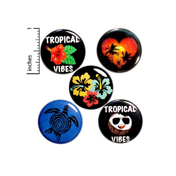 Tropical Beach Buttons Cute Beachy Travel Sunset Pin for Backpack Badges Brooches Pinbacks or Fridge Magnets 5 Pack Gift Set 1 Inch P30-4