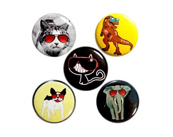 Animals Wearing Sunglasses Funny Pin Buttons or Fridge Magnets, 5 Pack of Backpack Pins, Cool Gift for Friend, Cute Gifts, 1 Inch, P54-1