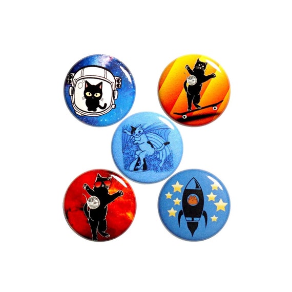 Silly Cat Pin Buttons or Fridge Magnets Cats Skateboarding, Surfing, Space Astronaut Backpack Pins or Magnets, 5 Pack, Gift Set  1" #P59-5