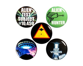 Alien Abduction Pin for Backpack, Button or Fridge Magnet Set, Backpack Pin, Aliens UFO Lapel Pin, 5 Pack, Alien Gift Set, 1 Inch #P57-5