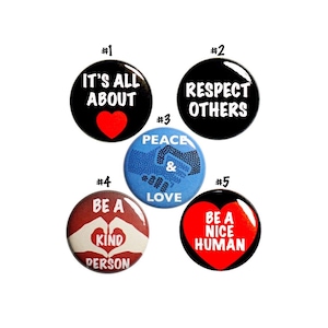 Kindness Pin Button Set, Be Kind Buttons, Birthday Gift, 5 Pack, Peace and Love Pins, Be Kind Pins Student Classroom Gift Set 1&quot; P43-3