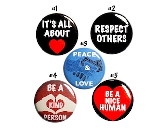 Kindness Pin Button Set, Be Kind Buttons, Birthday Gift, 5 Pack, Peace and Love Pins, Be Kind Pins Student Classroom Gift Set 1" P43-3
