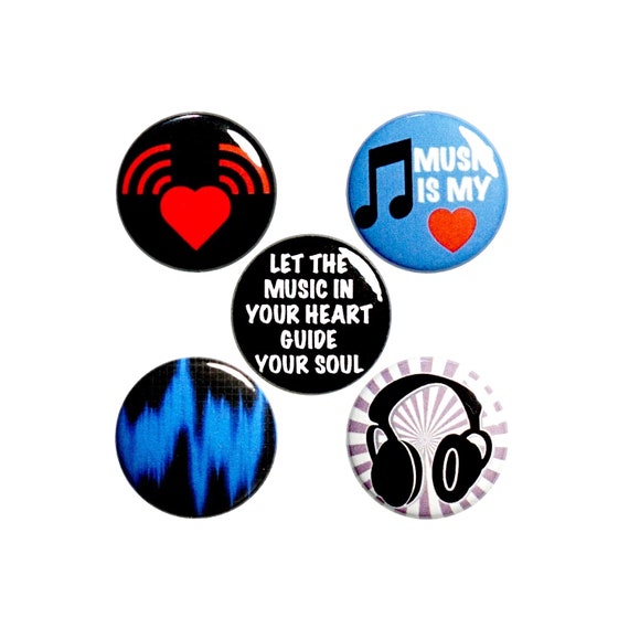 Music Pin Buttons or Fridge Magnets, Music Is My Heart, Backpack Pin, 5 Pack, Kitchen Magnets, Music Lover Gifts, Musician Gift, 1" P52-5