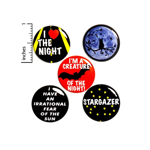 Night Owl Buttons or Fridge Magnets, Pin for Backpack Set, 5 Pack of Pins, Night Owl Pin Buttons or Magnets, Night Life Gift Set - 1" #P18-4