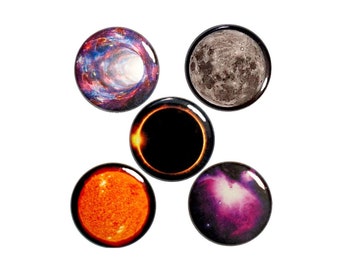 Space Nebula Pin Buttons or Fridge Magnets Eclipse Moon Sun Planets Outer Space Nebula Buttons or Refrigerator Magnets 5 Pack 1" #P19-2