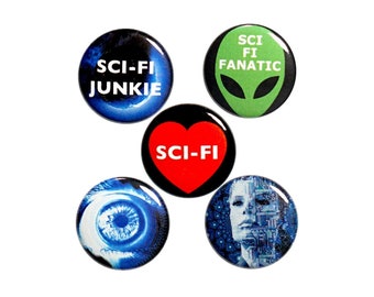 Sci-Fi Pin for Backpack, Button or Fridge Magnet Set, Science Fiction Lapel Pins or Magnets, 5 Pack, Cool Gift Set, 1 Inch #P12-3