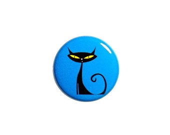 Cute Vintage 60's Style Black Cat Button Pin or Fridge Magnet Button Backpack Lapel Pin or Refrigerator Magnet Cool Kitty Ninja 1" #42-2