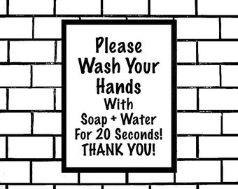 Wash Your Hands, Printable Sign, for 20 Seconds, Covid-19, Home Bathroom or Kitchen Sign, Reminder for Kids To Wash Hands, Digital Wall Sign