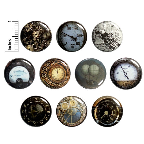 Steampunk Pins (10 Pack) Buttons for Backpacks or Fridge Magnets, Vintage Style Gauges, Dieselpunk, Gift Set 1" 10P5-1