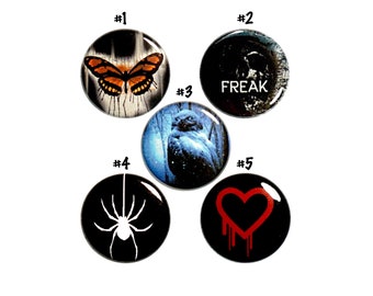 Goth Pin Buttons or Fridge Magnets, Punk Emo Goth Backpack Pins, Freak Spider Dark Edgy 5 Pack, Pin Button or Magnet, Gift Set 1" P70-5