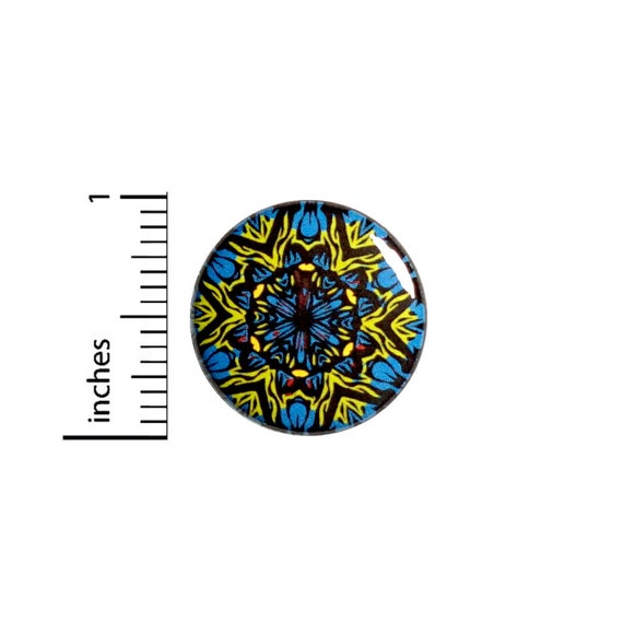 Mandala Flower Button or Fridge Magnet, Mandala Gift, Fantasy Flower, Blue, Yellow, Flower Gift, Button or Fridge Magnet, 1 Inch #81-25