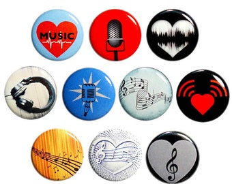 Music Lover (10 Pack) of Pin Buttons for Backpacks or Fridge Magnets, Music Notes, Vintage Microphones, I Love Music Pin, Classical Music