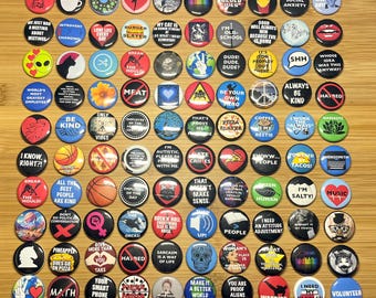 100 Buttons Pins HUGE Lot, Lot of 80's 90's Vintage Style Buttons, Button Pin Wholesale Lot, Funny Miscellaneous Lot Resale Lot Cool Lot 144