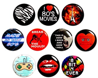 I Love The 80's Retro 1980's Pin Buttons for Backpacks or Fridge Magnets, 10 Pack, 1 Inch Pins, Music, 8 Bit, Vintage Video Game Gifts