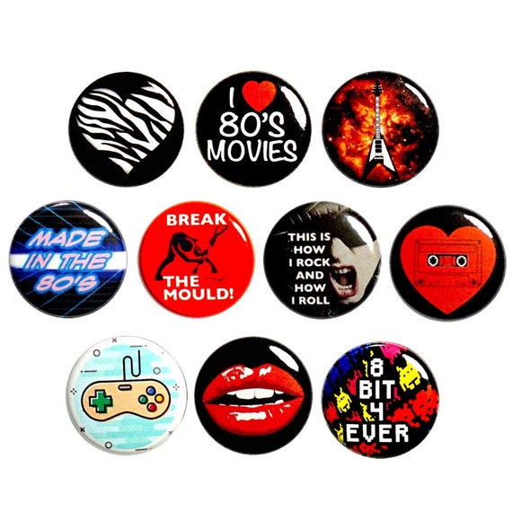 I Love The 80's Retro 1980's Pin Buttons for Backpacks or Fridge Magnets, 10 Pack, 1 Inch Pins, Music, 8 Bit, Vintage Video Game Gifts