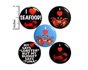 Seafood Buttons 5 Pack of Pins for Backpacks or Jackets Pinback Badges Lapel Pins I Love Lobster Crab 1 Inch P28-5