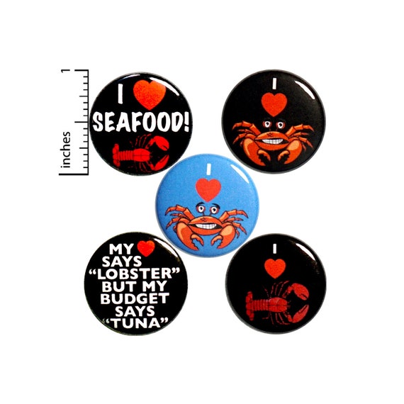 Seafood Buttons 5 Pack of Pins for Backpacks or Jackets Pinback Badges Lapel Pins I Love Lobster Crab 1 Inch P28-5