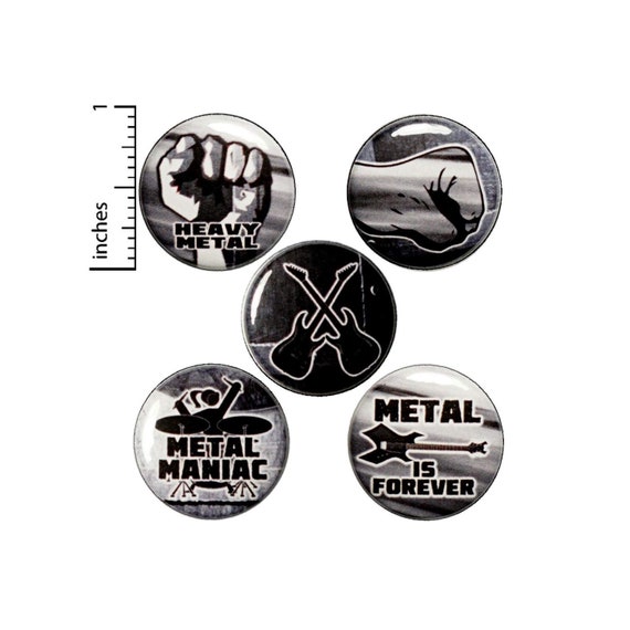 Heavy Metal Music Pin, Button for Backpack or Magnet Set, Lapel Pins, 80's Style, Metalhead Backpack Pin or Magnet Gift Set, 5 Pack 1" P25-5