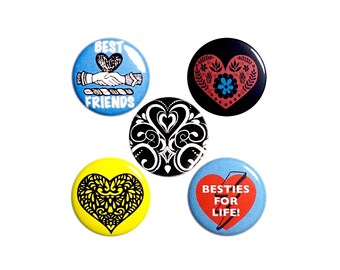 Bestie Buttons or Fridge Magnets, 5 Pack of Best Friend Backpack Pins, Lapel Pins, Cute Gift for Bestie, Heart Buttons or Magnets 1", P54-4