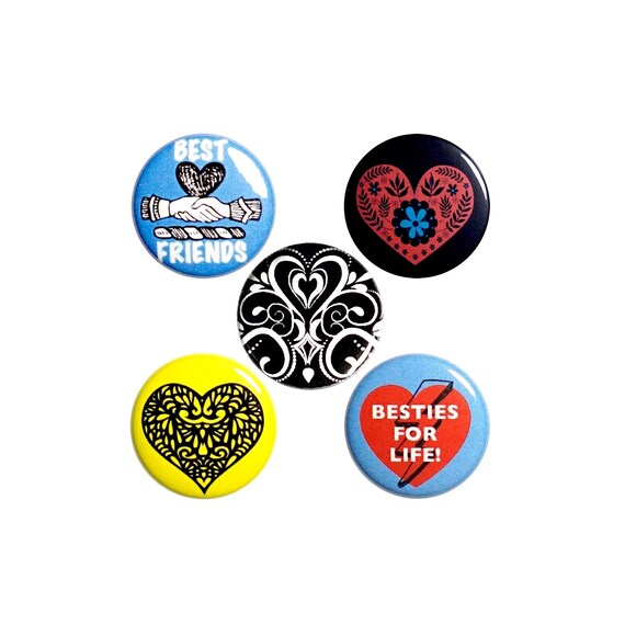 Bestie Buttons or Fridge Magnets, 5 Pack of Best Friend Backpack Pins, Lapel Pins, Cute Gift for Bestie, Heart Buttons or Magnets 1", P54-4