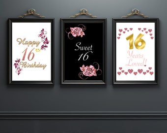 16th Birthday Signs 3 Pack, 16th Years Loved Sign, Sweet 16 Sign, Glitter Sign, Pink Gold, 8X10 16th Sign, Surprise, Sweet 16 Party Favors