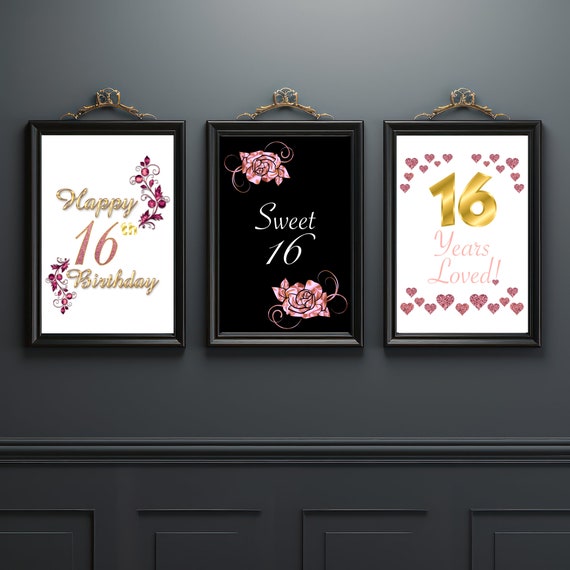 16th Birthday Signs 3 Pack, 16th Years Loved Sign, Sweet 16 Sign, Glitter Sign, Pink Gold, 8X10 16th Sign, Surprise, Sweet 16 Party Favors