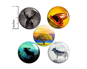 Nature Pin for Backpack Buttons or Fridge Magnets 5 Pack Wilderness Forest Animal Pins Deer Wolf Moose Butterfly Nature Gift Set 1" P26-5