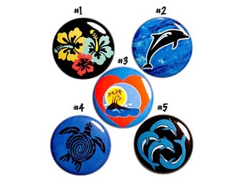 Tropical Beach Pin for Backpack, Button or Fridge Magnet Set, Dolphins, Sea Turtle, Island Pin or Magnet 5 Pack, Gift Set, 1" #P48-2