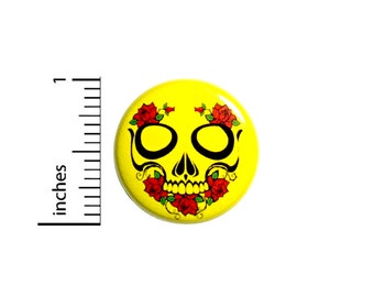 Skull Button Badge Cool Yellow Red Roses Tough Goth Pretty Pinback Pin 1 Inch #55-5