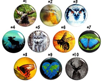 Wildlife Buttons (10 Pack) Nature Conservation, Moose, Butterfly, Snow Owl, Wolf, Save The Planet, Pins or Magnets, Gift Set, 1" 10P15-1