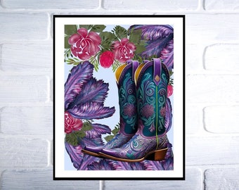 Coastal Cowgirl Printable Poster, Purple Cowgirl Boots, Cowgirl Dorm Room Wall Art Decor, Girly Digital Download Aesthetic Purple Teal Pink