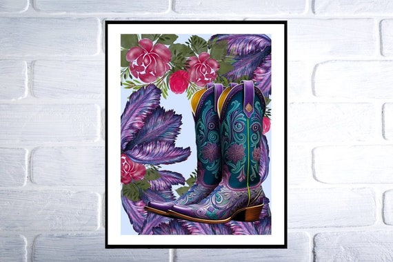 Coastal Cowgirl Printable Poster, Purple Cowgirl Boots, Cowgirl Dorm Room Wall Art Decor, Girly Digital Download Aesthetic Purple Teal Pink