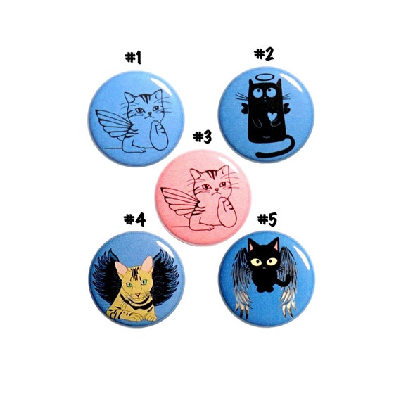 Angel Kitties Pins Buttons or Fridge Magnets, Backpack Pins, Angel Cats, Cats with Fairy Wings, 5 Pack, Pins or Magnets, Gift Set 1" #P66-2