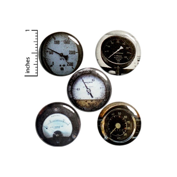 Steampunk Gauge, Pin for Backpack, Buttons or Fridge Magnets, Speedometer, Lapel Pins, Badges, Pin,  Dieselpunk, 5 Pack, Gift Set 1" P26-3