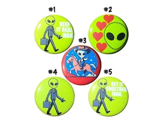 Funny Alien Pin Buttons, I Love Aliens, Sarcastic, Aliens, Alien Businessmen, Cowboy, Western Vintage 80s 90s Style, Pin Set 5 Pack 1” P78-1