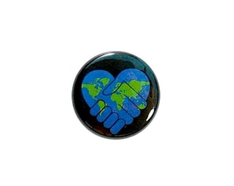 World Peace Heart Button or Fridge Magnet Cute Heart Hands Clasped Map Globe Pin-Back Button or Refrigerator Magnet Inch #32-19