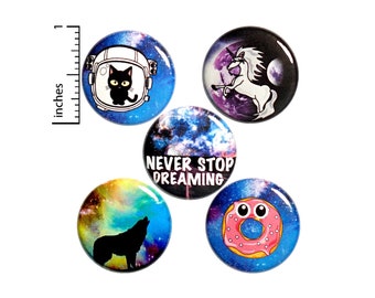 Space Buttons or Fridge Magnets - Pin for Backpack - Jacket Lapel Pins - Random Funny Humor - Unique Magnets - 5 Pack - Gift Set 1" P39-1