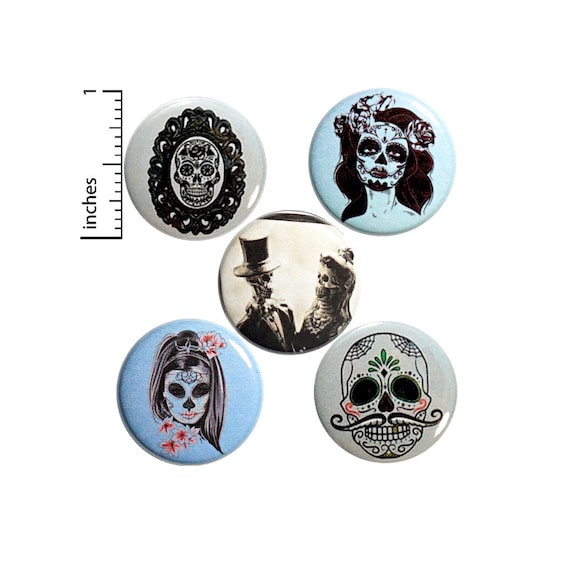 Sugar Skull Buttons 5 Pack of Backpack Pins Macabre Macab Lapel Pins Cool Brooches Badges Accessories Macabre Edgy Gift Set 1" P25-4