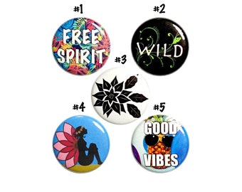 Free Spirit Pin Button Set, Birthday Gift for Hippie, Free Spirit, 5 Pack, Fairy Pins, Flower Pins, Buttons Backpack Pins, Gift Set 1" P61-3