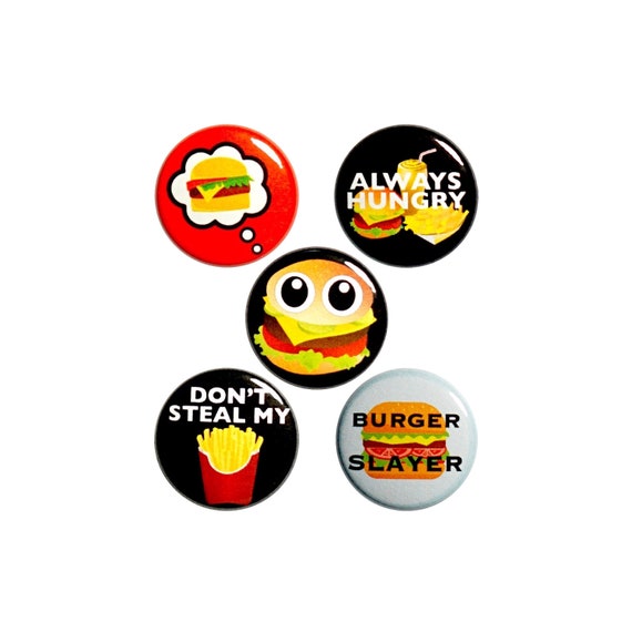 Burgers and Fries Pin for Backpack, Buttons or Fridge Magnets, Cheeseburgers, French Fries, Pin 5 Pack, Pinback Gift Set, 1 Inch, P51-1