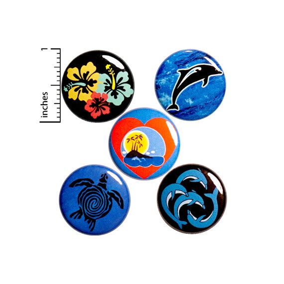 Tropical Beach Pin for Backpack, Button or Fridge Magnet Set, Dolphins, Sea Turtle, Island Pin or Magnet 5 Pack, Gift Set, 1" #P48-2