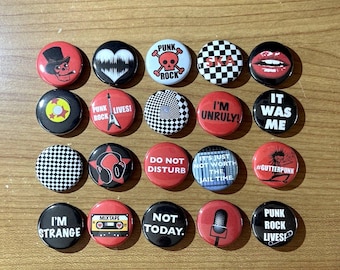 20 Punk & Ska Pin Buttons, Vintage 80s 80s Style Lot of 20 Buttons Pins, 80's 90's Vintage Style, Sarcastic Edgy Punk Music Band Pin Lot #28