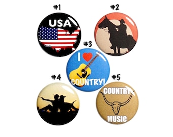 Country Music Pin Buttons for Backpacks, Cowboy Pins for Jackets, Country Music Lapel Pins, USA Pins, Badges, 5 Pack Gift Set 1" P45-2
