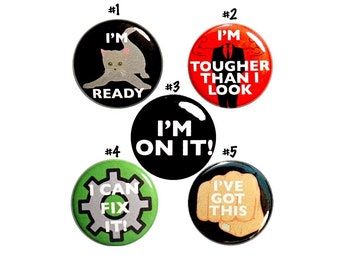 I've Got This, Pin Set, Positive Buttons, Encouraging Phrases, I'm On It, Positive Pins, Button Set, 5 Pack, Gift Set 1 Inch, P37-5