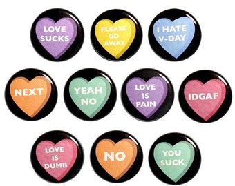 Sarcastic Anti-V-Day Valentine's Pins (10 Pack) Buttons for Backpacks or Fridge Magnets, 10 Pack Gift Set 1 Inch 10P19-1