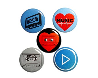 Cassette Tape Pin for Backpack 5 Pack Buttons or Fridge Magnets, Lapel Pins or Magnets, Music Lover, Musician Gift Set 1" P12-5